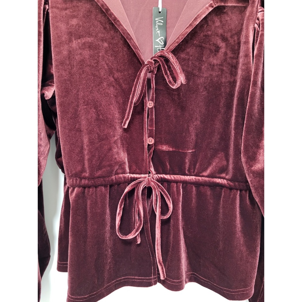New Burgundy Velvet Whimsigoth Fairygrunge Button Tie Bow Peplum Top Sz L - Picture 2 of 8